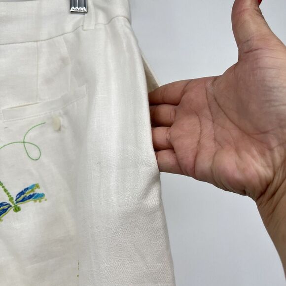 Paraphrase Womens 6 Dragonfly Embroidered Cropped White Lined Linen Pants Boho - Picture 9 of 11